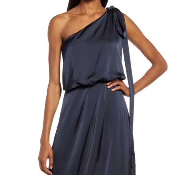 NWT AMYLYNN One Shoulder Satin Dress in Navy Blue, Size Small - Picture 1 of 16